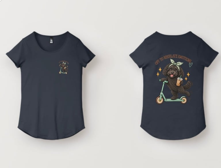 Front and back view of a dark navy womens t-shirt with small gold graphic on front and large mystical wizard design on back