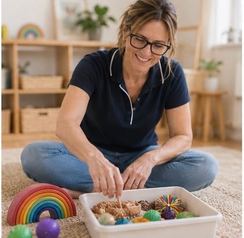 Woman sitting on floor with sensory play items including rainbow toy and bin of colorful textured objects for children