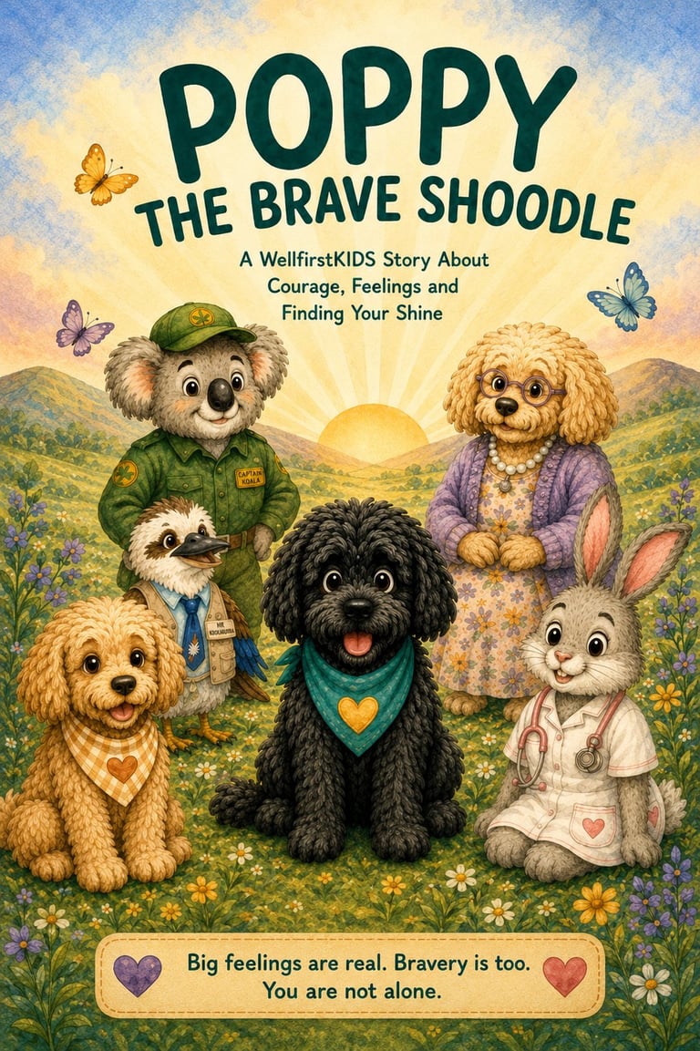 Book cover for Poppy the Brave Shoodle featuring five illustrated dogs in a sunny meadow with butterflies and flowers, promoting courage and emotions
