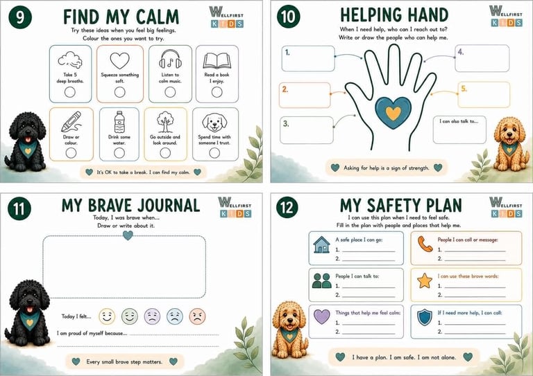 Four printable wellness worksheets for children featuring dogs and interactive activities