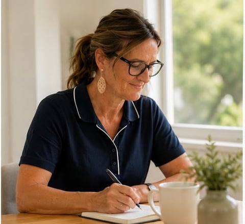 Woman wearing glasses and dark polo shirt writing in notebook at desk by window with small plant nearby
