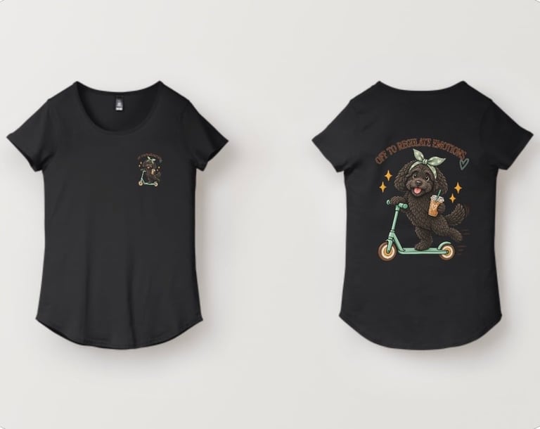Front and back view of a black womens t-shirt with small chest graphic and large back design featuring a bear illustration