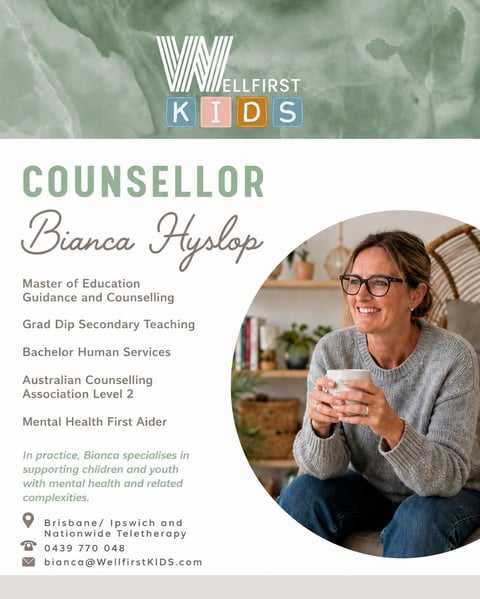 Bianca Hyslop, Counsellor at Wellfirst Kids, holding a cup and smiling at camera with credentials listed