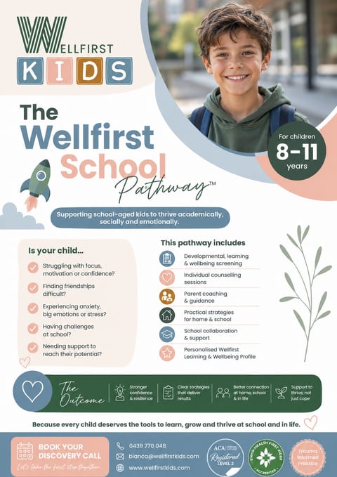 Wellfirst Kids School Pathway promotional flyer for children ages 8-11, featuring a smiling boy and program benefits for academic and emotional development