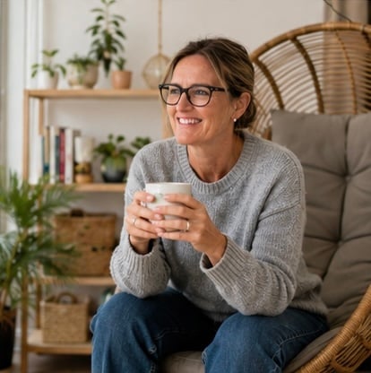 Woman wearing glasses and gray sweater sitting in rattan chair holding mug in cozy plant-filled living room