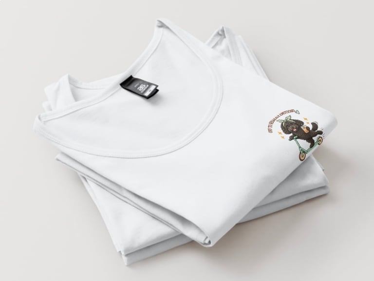 Stack of folded white t-shirts with care tag and price sticker against neutral background
