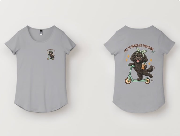 Front and back view of gray womens t-shirt with small bear logo on front and large scooter bear graphic on back