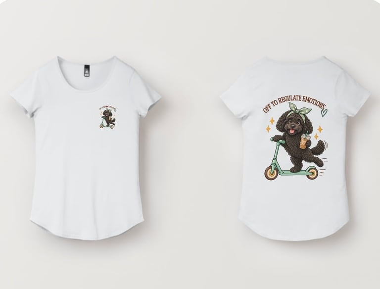 Two white t-shirts displayed flat. Left shirt features small monkey graphic on chest. Right shirt shows monkey on scooter with Out to regulate happiness text.