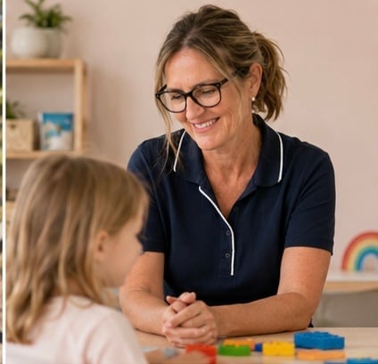 Bianca in glasses and navy shirt smiling while interacting with a young student at a classroom table