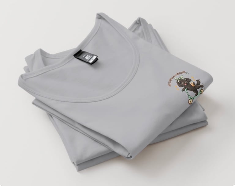Folded light gray crewneck sweatshirt with a small embroidered design on the chest displayed on a white background