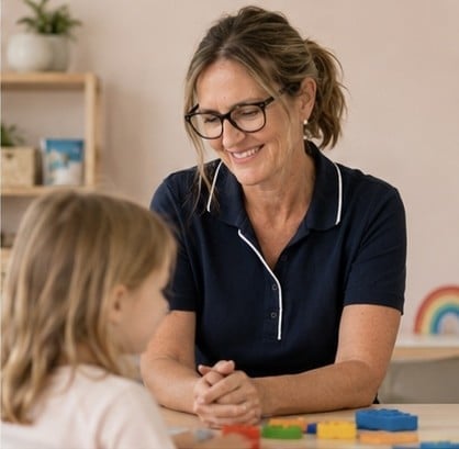 Teacher wearing glasses and navy blue shirt smiling while working with a young student at a desk with colorful blocks